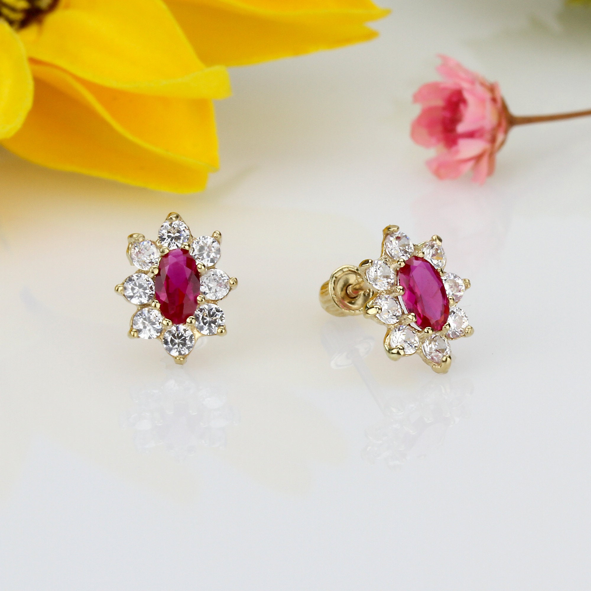 Solid 14K Gold Stud Earrings Oval Shape Simulated Ruby CZ | Etsy