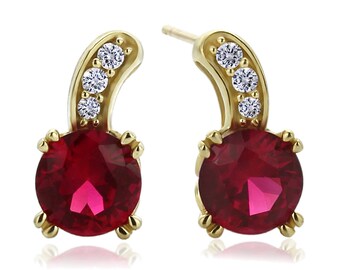 14K Yellow Gold Round Red Cubic Zirconia Stud Earrings(DJBSET292-E)