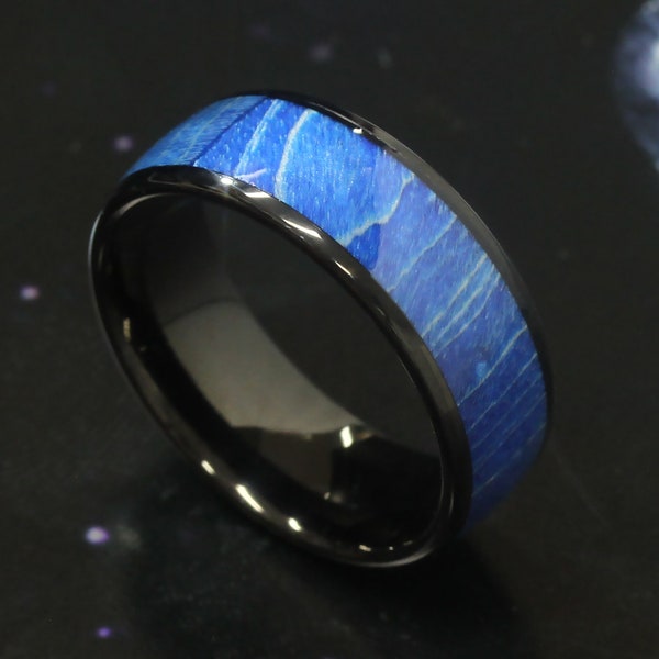 Bague en tungstène femme pour hommes, bague en tungstène noir et bleu de 8 mm, bague en bois de bois stabilisé en résine azurée, bague personnalisée gravée sur mesure