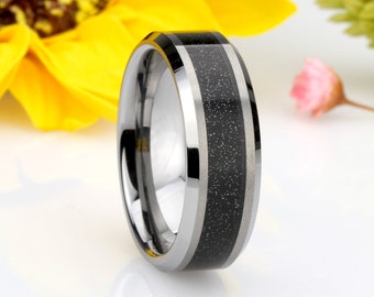 Men Women Tungsten Wedding Band, 8MM Beveled Edge with Black Sandstone Carbon Fiber Inlay Tungsten Ring, Custom Engraved Personalized Ring