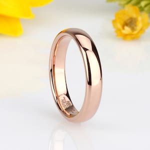 Men Women Tungsten Wedding Band, 4mm Rose Gold IP Ring, High Polish Domed Style Tungsten Ring, Custom Engraved Personalized Ring