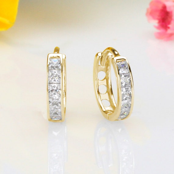14K White Gold Princess Cut Cubic Zirconia Channel Set Huggie Hoop Earrings 
