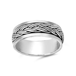Men's 925 Sterling Silver Wedding Band - Black Oxidized Greek Key Pattern, Sizes 7-13