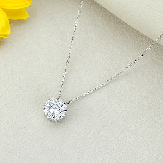 Sterling Silver White Gold Finish Single Row Pronged Simulated Diamond Necklace 