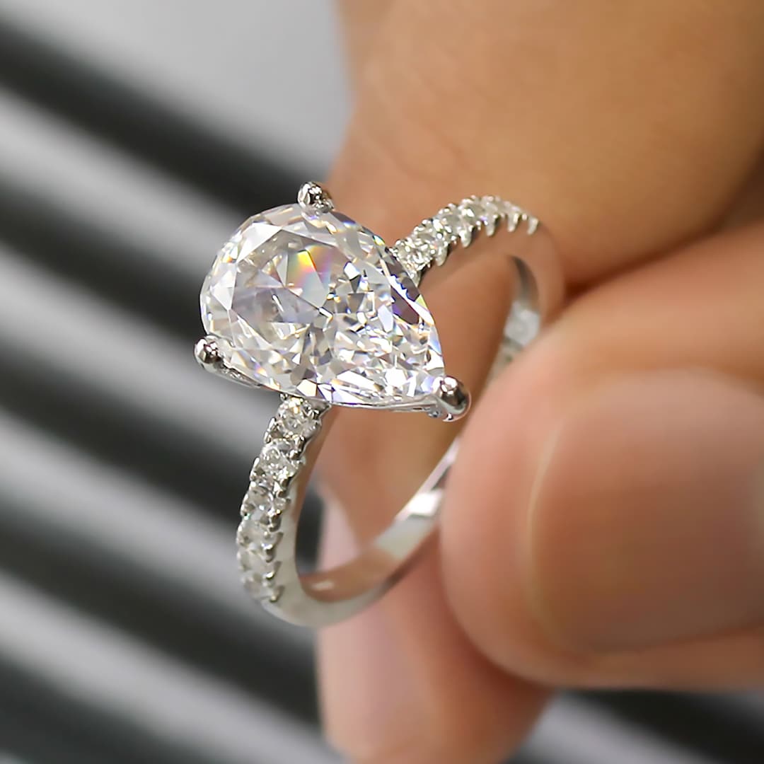 3 Carat Teardrop Engagement Ring, Sterling Silver Ring Women, Pear