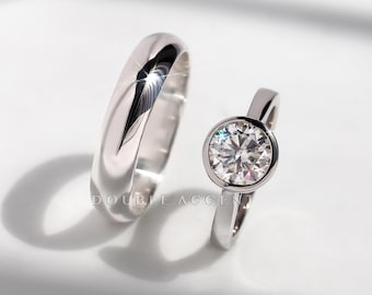 Personalized Bridal Ring Set, Engraved Wedding Band, Moissanite or CZ Solitaire, 925 Silver Promise Ring, Anniversary Stack