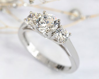 Simulated Diamond Three Stone Engagement Ring, Sterling Silver Wedding Ring Women, Center Round 1 Carat CZ 3 Stone Ring, Anniversary Ring