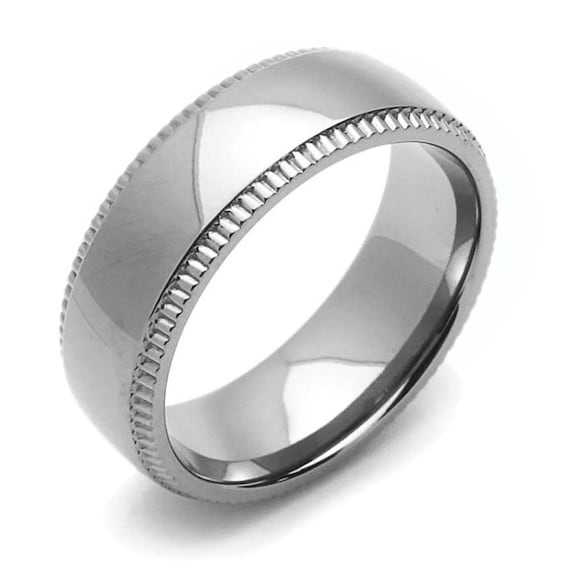 Double Accent Custom Engraving 8MM Comfort Fit Stainless Steel Wedding Band Milgrain Edges Promise Ring