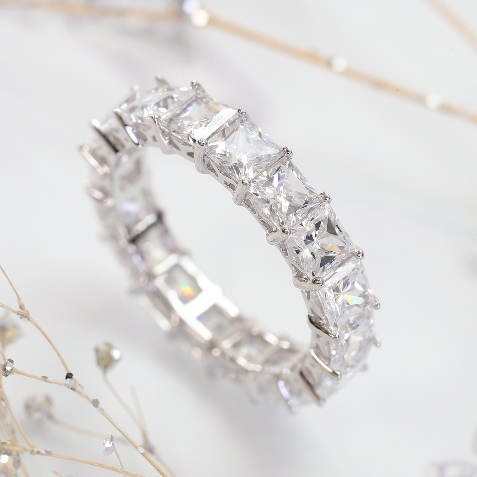 100% Genuine 925 Sterling Silver Princess Cut & Round CZs Half Eternity Ring 