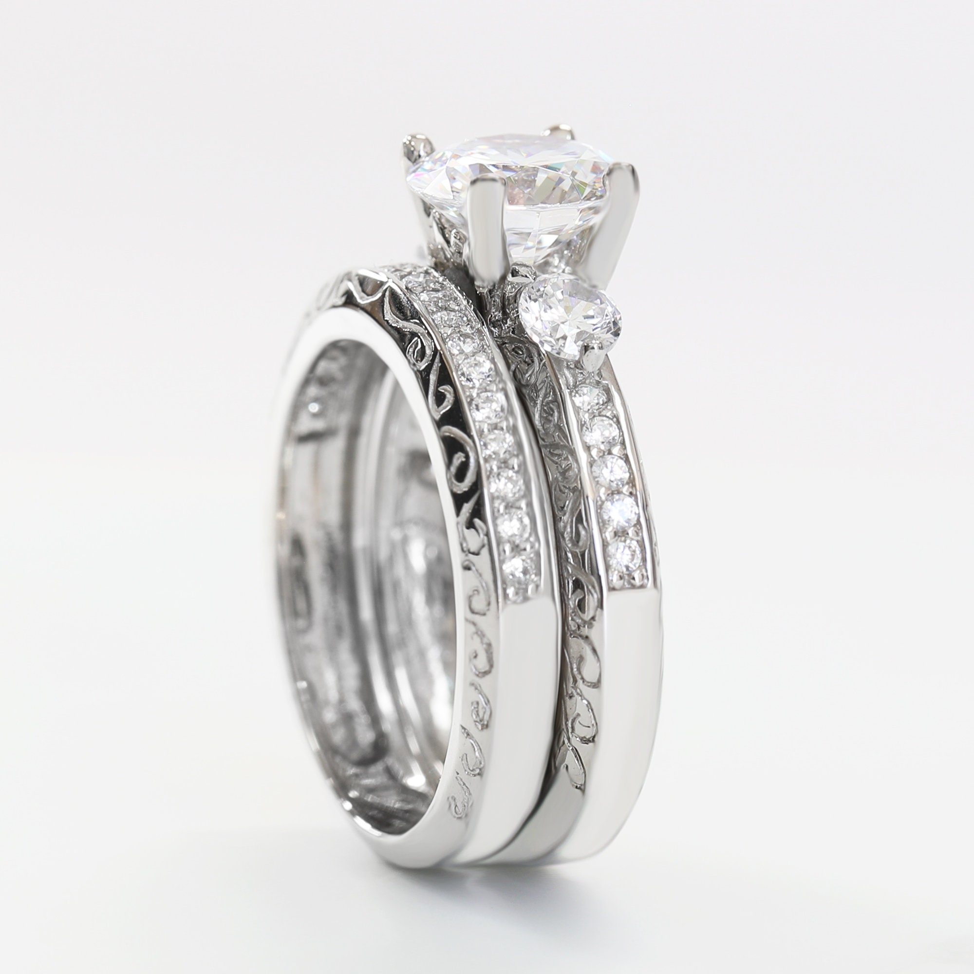 1.5 CT Bridal Ring Set, Silver Engagement Ring for Women, Filigree