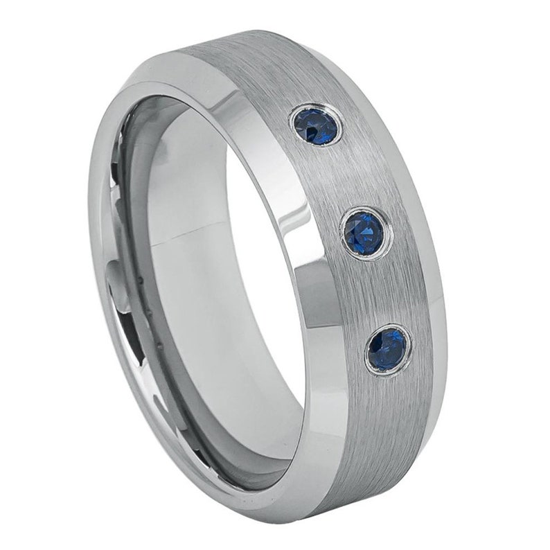 Tungsten Wedding Band Men/'s 8MM Beveled Edge 0.21ct Blue Sapphire Brushed Tungsten Ring JDTR635 Custom Engraved Personalized Ring