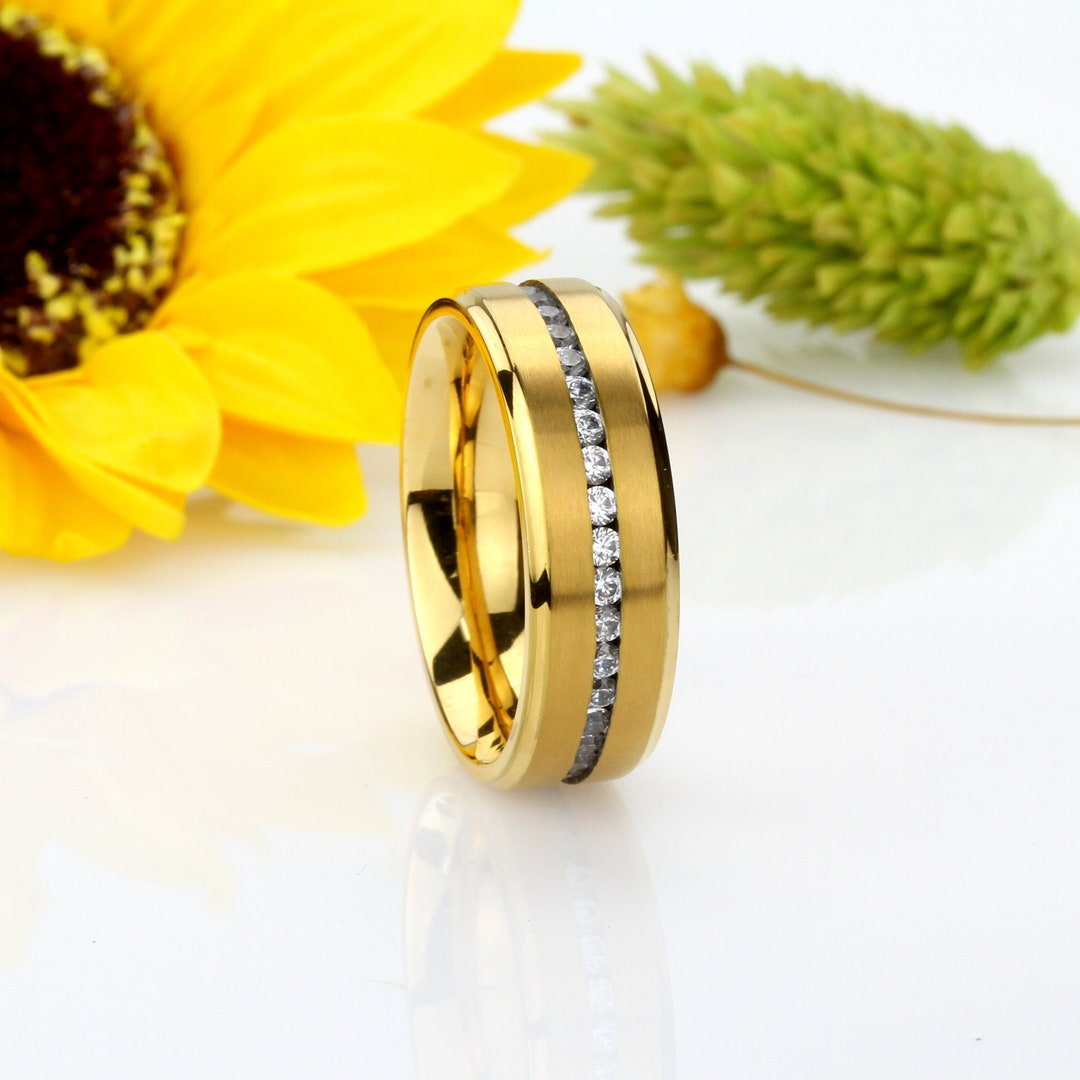 Custom Engraving 8mm Titanium Wedding Band Gold IP Ring Eternity Ring ...