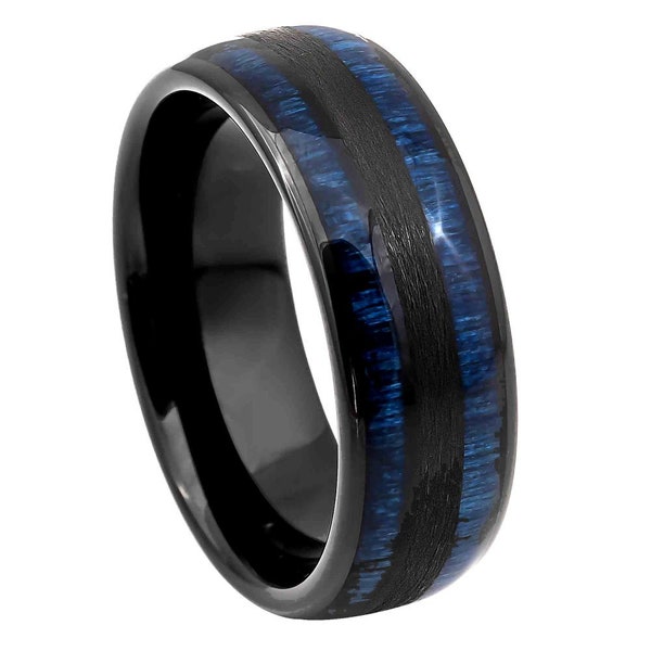 Men Women Tungsten Ring, 8mm Black IP Ring, Exotic Blue Wood Inlay Tungsten Ring, Custom Engraved Personalized Ring, Unique Wedding Ring