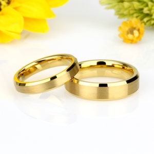 His and Hers Tungsten Wedding Band Set, Gold IP 6mm 4mm, Brushed Shiny Edge Tungsten Ring, Couples Ring, Custom Engraved Personalized Ring