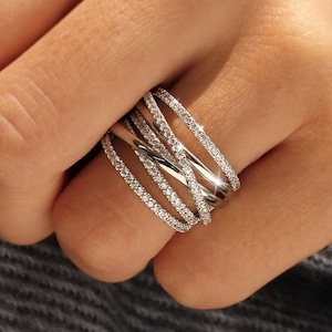 Crisscross Ring, Sterling Silver Statement Ring Women, High Polish & CZ Stone Pave Wire Entwined Criss Cross Ring, 15mm Wide Band for Rings