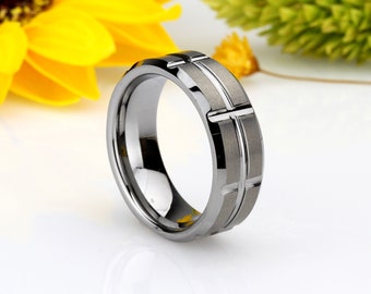 Men Women Tungsten Wedding Band 8MM Beveled Edges Grooved Tungsten Ring, Custom Engraved Personalized Ring (CT431RTN)