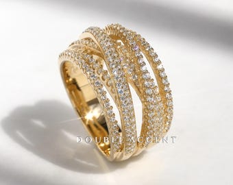 Crisscross Sterling Silver Statement Ring: CZ Stone Pave, Gold or Rose Gold Band
