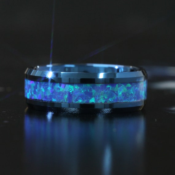 Synthetic Blue Opal Band Ring Inlaid Synthetic Stone Polished Finish 3mm Wide Synthetic Blue Opal Band Ring Inlaid Synthetic Stone Polished Finish 3mm Wide