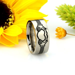 Custom Engraved Personalized Ring, Men Women 9mm Comfort Fit Titanium Wedding Band, Claddagh Ring, Flat Titanium Ring (CT149RTT)