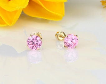 18KT Yellow Gold Pink & White enamel Heart screwback earrings 6mm 18KT Yellow Gold Pink & White enamel Heart screwback earrings 6mm