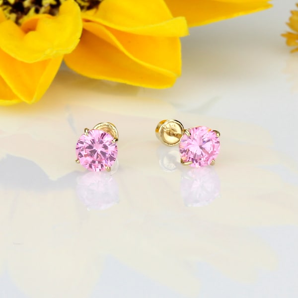 Solid 14K Gold Birthstone Earring 3mm, 4mm, 5mm, 6mm Pink CZ Studs Gold Screwback Stud Earrings(DJBRD4MM10-OPT)