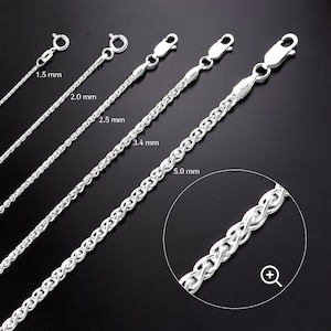 May include: A collection of silver-colored wheat chain necklaces in various thicknesses, ranging from 1.5 mm to 5.0 mm. Each chain is displayed with its corresponding measurement and features a lobster clasp closure. A close-up view highlights the intricate weave of the 5.0 mm chain.