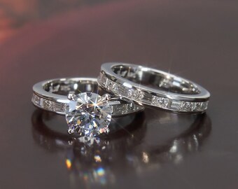 Vintage Wedding Ring Set Platinum Plated Sterling Silver | Etsy