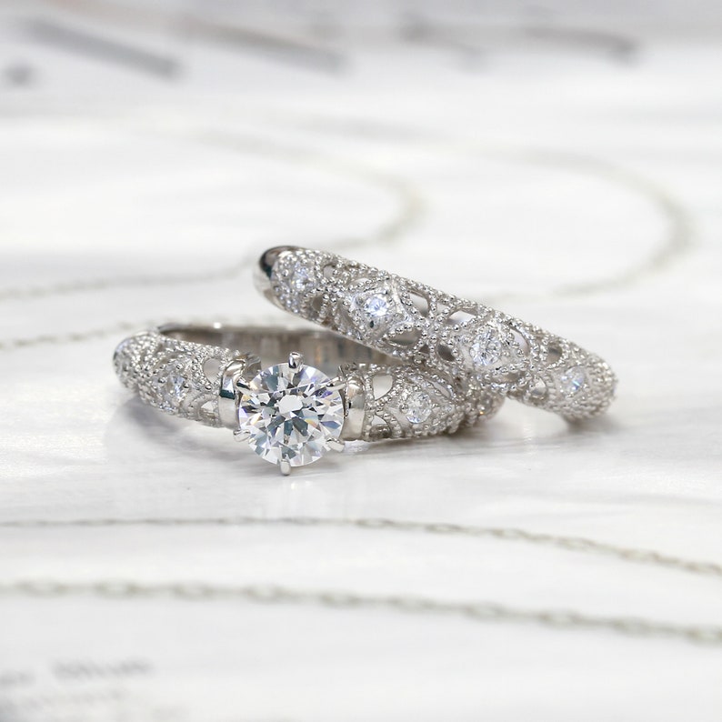 Simulated Diamond Engagement Ring Set Women Sterling Silver Etsy