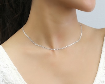 Solid 14K White Gold Chain Necklace 2.1mm, 2.5mm Star Diamond Cut Mariner Chain Necklace, Gold Choker Chain Necklace