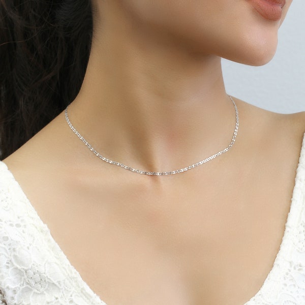 Solid 14K White Gold Chain Necklace 2.1mm, 2.5mm Star Diamond Cut Mariner Chain Necklace, Gold Choker Chain Necklace