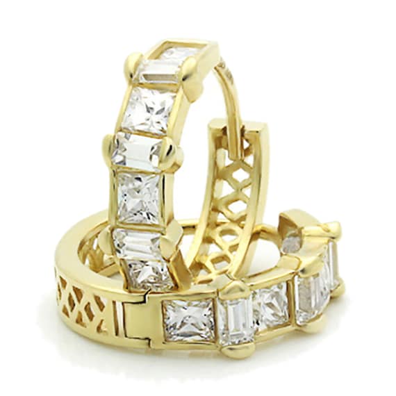 14K Yellow Gold Plain Domed 11 mm Length Baguette CZ Channel Set Huggie Hoop Earrings