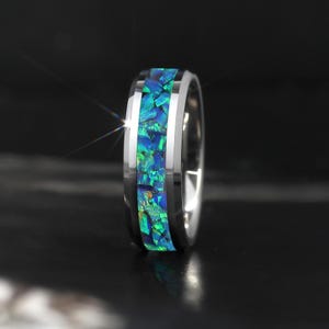 Tungsten Wedding Ring Set, Blue Fire Opal Inlay, Custom Engraved Bands, Comfort Fit, 4mm 6mm 8mm Wedding Band His and Hers, Anniversary Gift