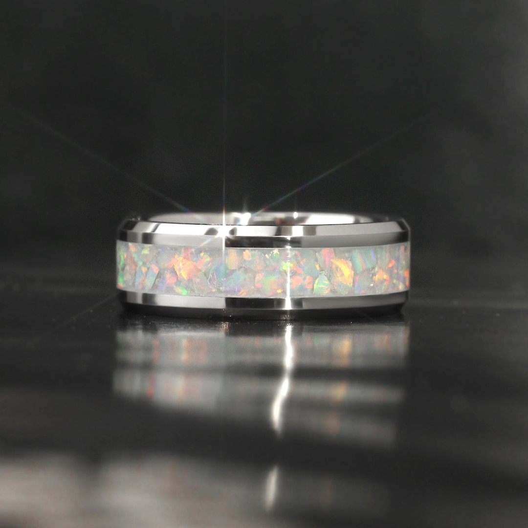 White Fire Opal Inlay Tungsten Wedding Band: Comfort Fit Personalized ...