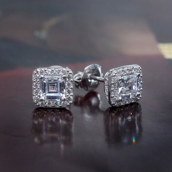 0.7 Carat Asscher Halo Earrings Platinum Plated Sterling Silver
