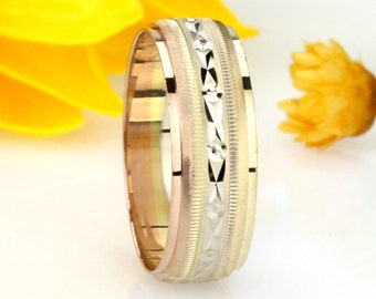 Custom Engraving, Solid 14K Gold Wedding Band Diamond Cut Tri Color Gold Ring 5mm Wedding Band(DLN372-103T)