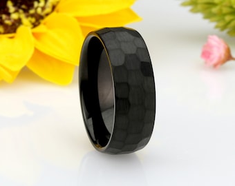 Brushed Chiseled Black Tungsten Ring: 8MM Comfort Fit, Custom Engraved Wedding Band