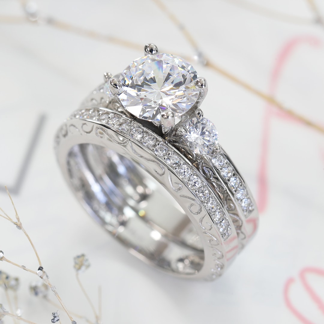 1.5 CT Bridal Ring Set, Silver Engagement Ring for Women, Filigree Band  Brilliant CZ Stone Vintage Wedding Ring, 2pcs Simulated Diamond Ring 