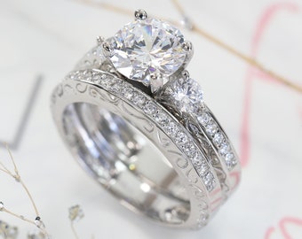 1.5 CT Bridal Ring Set, Silver Engagement Ring for Women, Filigree Band Brilliant CZ Stone Vintage Wedding Ring, 2pcs Simulated Diamond Ring