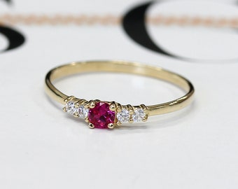 Customizable Solid 14K Gold Ring for Women, Red CZ, Simulated Ruby Stone Ring. Small Pinky Ring, Midi Ring, Ruby Simulant Ring (DJBJR13-R)