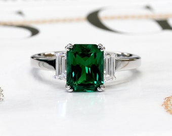 Simulated Emerald Ring, Sterling Silver Wedding Ring, 2.5 Carat Radiant Cut Green Ring, Baguette Side Stone Engagement Ring Anniversary Ring