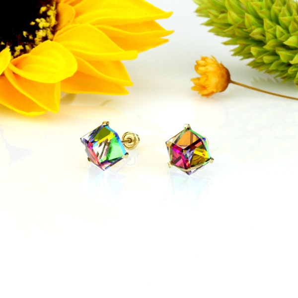 Solid 14K Gold Multi Color Crystal Cube Stud Earrings Screwback Studs Earrings(DVCUBE-MW)