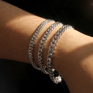 Curb Chain Bracelet, Rhodium Plated Sterling Silver Bracelet Men Women, Thin 6 to Thick 8mm Cuban Link Bracelet, 7, 8, 9 inch, Made In Italy