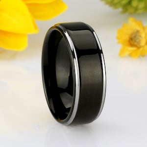 Men Women Tungsten Wedding Band 8MM Black Ring Enamel Plated Beveled Edge Band Tungsten Ring, Custom Engraved Personalized Ring (JDTR118)