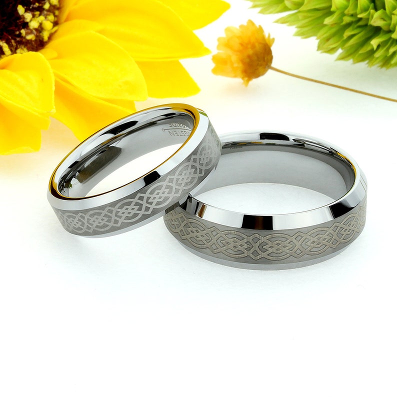 Tungsten Wedding Band Set 8MM 6MM Beveled Edges Laser Engraved Etsy