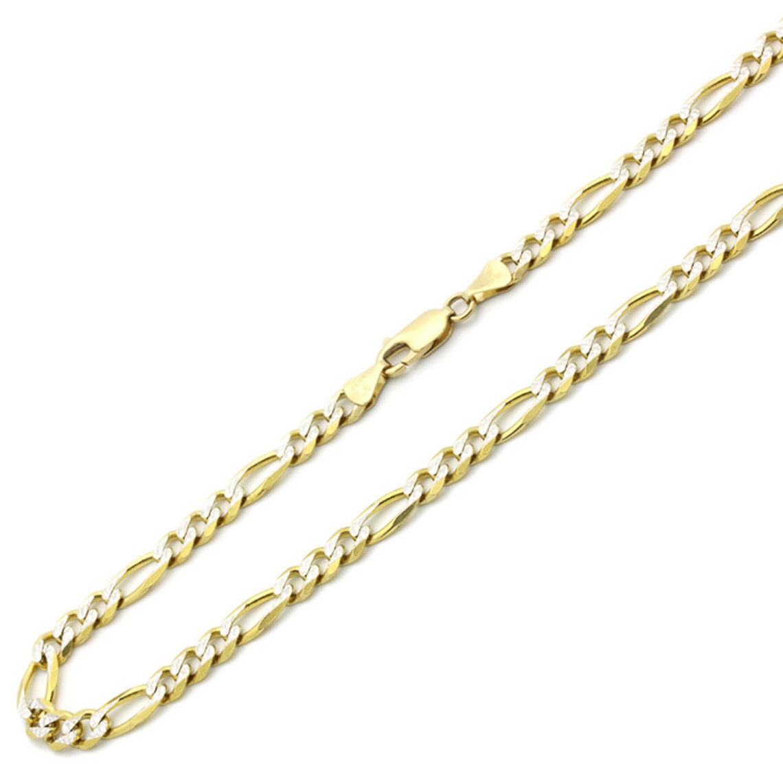 Solid 14K Gold Chain Necklace 6mm Concaved White Pave Figaro - Etsy