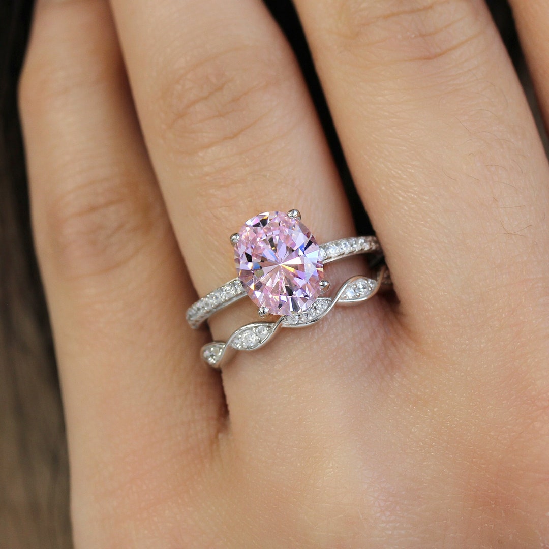 Oval 2.5 CT Pink Bridal Ring Set, Sterling Silver Wedding Ring ...