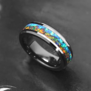 Blue & Black Fire Opal Inlay Ceramic Wedding Ring Set, Custom Engraved Bands, Comfort Fit 4mm 6mm 8mm Band, His and Hers Anniversary Gifts