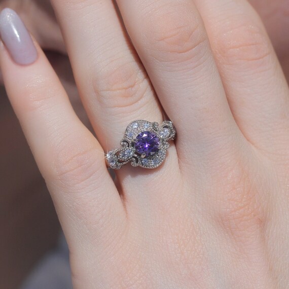 Wide Band Vintage Style Amethyst Ring with Cubic Zirconia CZ Accents Wide Band Vintage Style Amethyst Ring with Cubic Zirconia CZ Accents