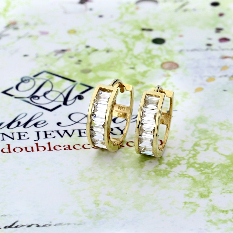 14K Yellow Gold Plain Domed 11 mm Length Baguette CZ Channel Set Huggie Hoop Earrings