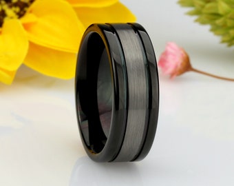 Men Women Tungsten Wedding Band, 8MM High Polished Shiny Black IP Plated Sides Dark Gray Tungsten Ring, Custom Engraved Personalized Ring